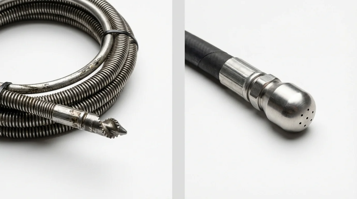 Drain snake cable and hydro jetting nozzle used for drain cleaning in Amite, LA