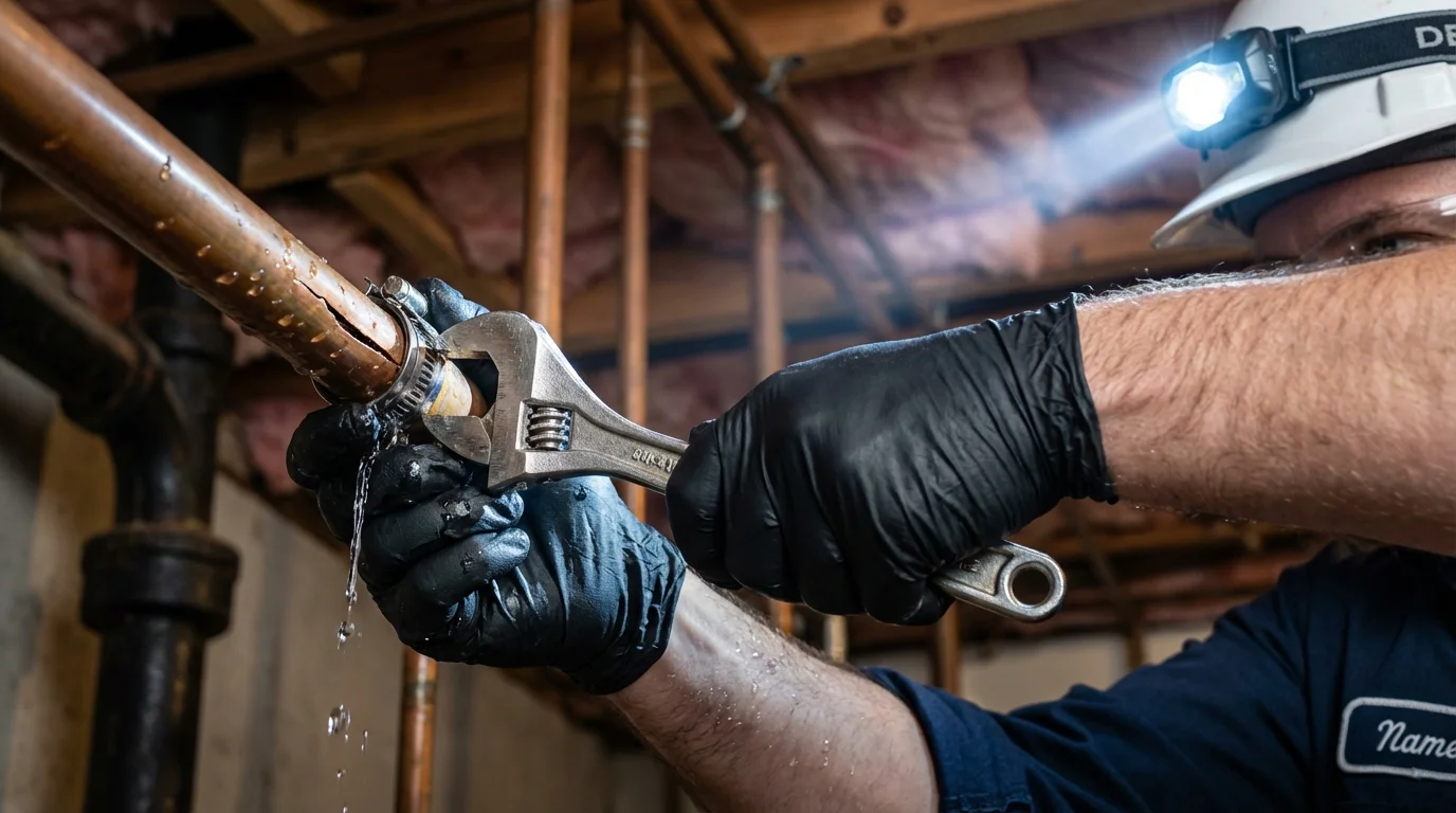 Emergency pipe clamp repair being performed by a Johns Plumbing LLC plumber in Amite