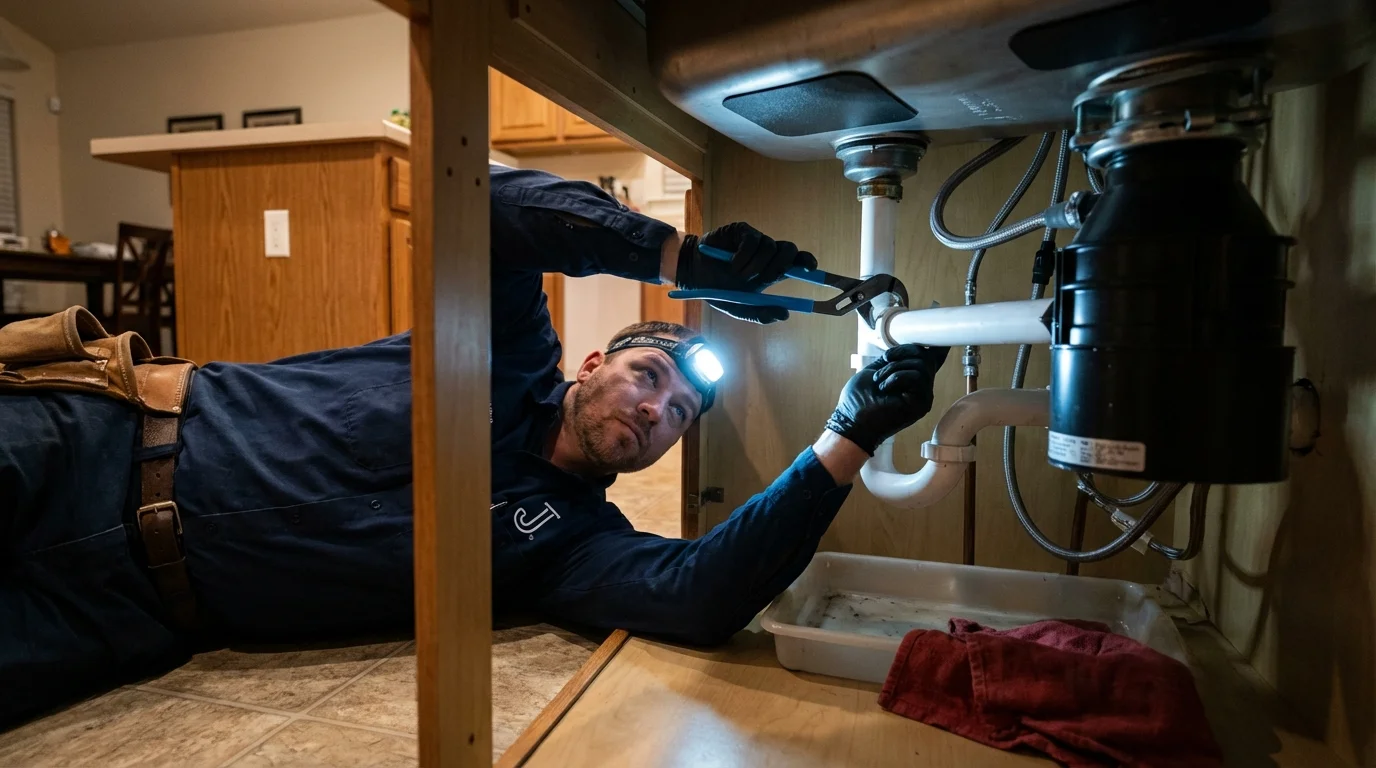 P-trap and supply line connections under a kitchen sink showing a common leak point in Amite, LA